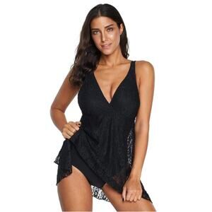 Women's Black Floral Lace One-Piece Swim Suit Small